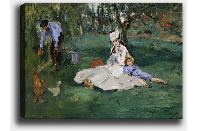 Lerretsbilde 70x100 cm - Kvinne og barn sitter på gresset mens en mann vanner blomster i en hage - Grønn / Blå / Hvit - Interiør - Maleri & posters - Lerretsbilder