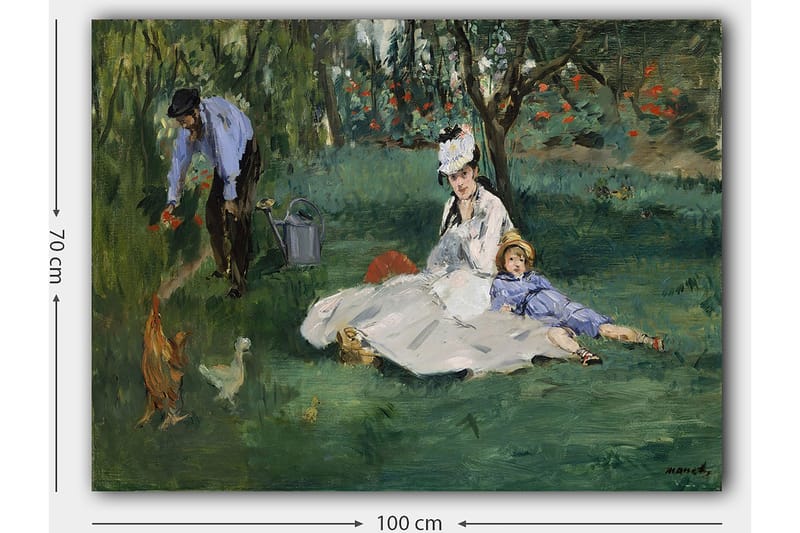 Lerretsbilde 70x100 cm - Kvinne og barn sitter på gresset mens en mann vanner blomster i en hage - Grønn / Blå / Hvit - Interiør - Maleri & posters - Lerretsbilder