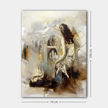 Lerretsbilde 70x100 cm - Kvinne sitter på en benk og ser ut mot gotisk arkitektur - Beige / Brun / Gull - Interiør - Maleri & posters - Lerretsbilder