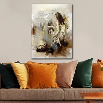 Lerretsbilde 70x100 cm - Kvinne sitter på en benk og ser ut mot gotisk arkitektur - Beige / Brun / Gull - Interiør - Maleri & posters - Lerretsbilder