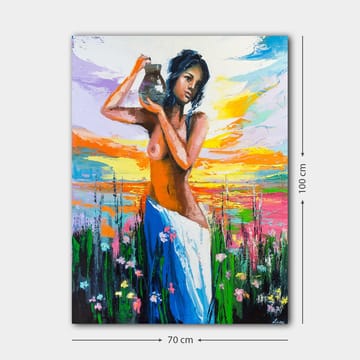 Lerretsbilde 70x100 cm - Kvinne som bærer en potte, omgitt av blomster og en fargerik himmel ved solnedgang - Oransje / Blå / Grønn - Interiør - Maleri & posters - Lerretsbilder