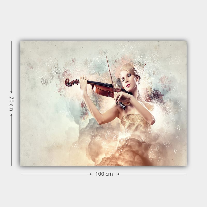 Lerretsbilde 70x100 cm - Kvinne som spiller fiolin omgitt av drømmeaktige skyer og noter - Lys beige / Lys blå / Rosa - Interiør - Maleri & posters - Lerretsbilder
