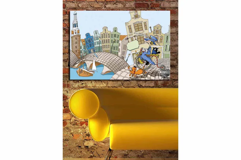 Lerretsbilde 70x100 cm - Kvinne på sykkel med hund og katt, omgitt av fargerike hus og en bro - Blå / Grønn / Oransje - Interiør - Maleri & posters - Lerretsbilder