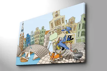 Lerretsbilde 70x100 cm - Kvinne på sykkel med hund og katt, omgitt av fargerike hus og en bro - Blå / Grønn / Oransje - Interiør - Maleri & posters - Lerretsbilder