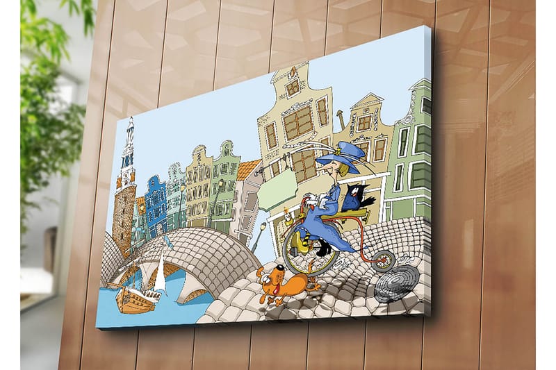 Lerretsbilde 70x100 cm - Kvinne på sykkel med hund og katt, omgitt av fargerike hus og en bro - Blå / Grønn / Oransje - Interiør - Maleri & posters - Lerretsbilder