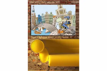 Lerretsbilde 70x100 cm - Kvinne på sykkel med hund og katt, omgitt av fargerike hus og en bro - Blå / Grønn / Oransje - Interiør - Maleri & posters - Lerretsbilder