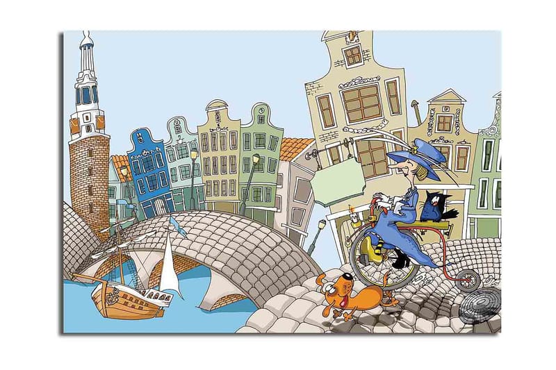 Lerretsbilde 70x100 cm - Kvinne på sykkel med hund og katt, omgitt av fargerike hus og en bro, Blå / Grønn / Oransje