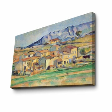 Lerretsbilde 70x100 cm - Landskapsmaleri med pittoreske hus omgitt av grønne marker og fjell i bakgrunnen - Gul / Grønn / Blå - Interiør - Maleri & posters - Lerretsbilder