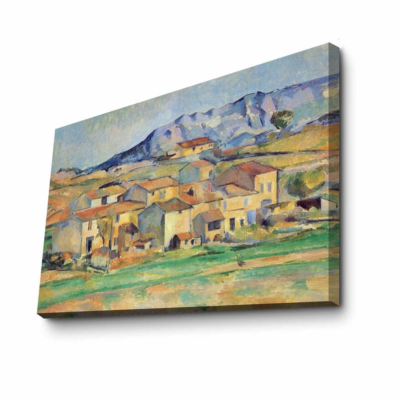 Lerretsbilde 70x100 cm - Landskapsmaleri med pittoreske hus omgitt av grønne marker og fjell i bakgrunnen - Gul / Grønn / Blå - Interiør - Maleri & posters - Lerretsbilder