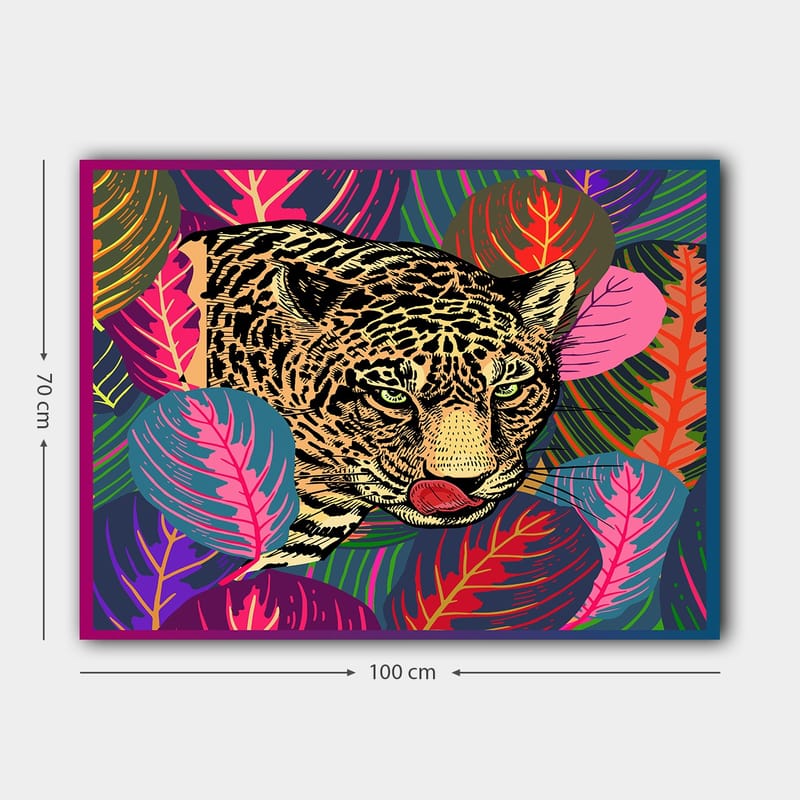 Lerretsbilde 70x100 cm - Leopard som sniker seg gjennom fargerike tropiske planter - Grønn / Rosa / Gul - Interiør - Maleri & posters - Lerretsbilder