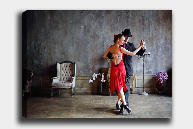 Lerretsbilde 70x100 cm - Lidenskapelig tango mellom to dansere i elegant antrekk, Rød / Svart