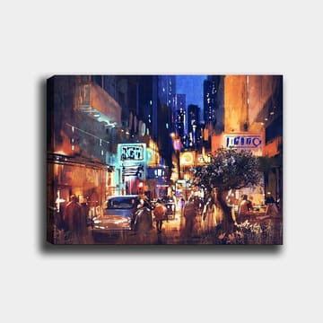 Lerretsbilde 70x100 cm - Livlig bybilde med biler og mennesker som beveger seg gjennom en nattlig gate, omgitt av neonskilt og høye bygninger - Mørk blå / Oransje / Grønn - Interiør - Maleri & posters - Lerretsbilder