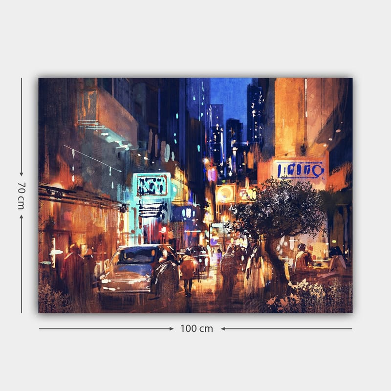 Lerretsbilde 70x100 cm - Livlig bybilde med biler og mennesker som beveger seg gjennom en nattlig gate, omgitt av neonskilt og høye bygninger - Mørk blå / Oransje / Grønn - Interiør - Maleri & posters - Lerretsbilder