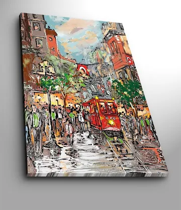 Lerretsbilde 70x100 cm - Livlig bybilde med en rød trikk som kjører gjennom en regnfull gate, omgitt av mennesker og trær - Rød / Grønn / Brun - Interiør - Maleri & posters - Lerretsbilder