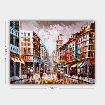 Lerretsbilde 70x100 cm - Livlig bybilde med fargerike bygninger og folk som går på en regnfull gate - Rød / Blå / Gul - Interiør - Maleri & posters - Lerretsbilder