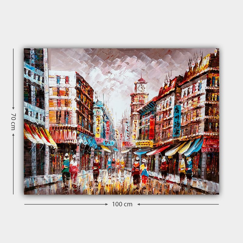 Lerretsbilde 70x100 cm - Livlig bybilde med fargerike bygninger og folk som går på en regnfull gate - Rød / Blå / Gul - Interiør - Maleri & posters - Lerretsbilder