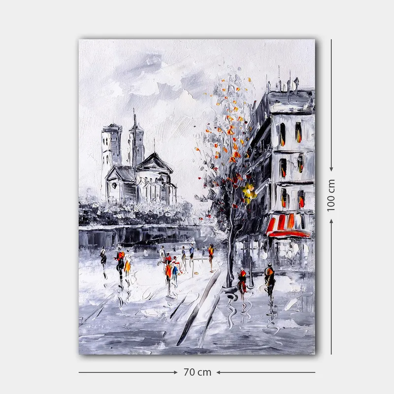 Lerretsbilde 70x100 cm - Livlig bybilde med folk som går foran en kirke og bygninger i et høstlig miljø - Grå / Oransje / Svart - Interiør - Maleri & posters - Lerretsbilder