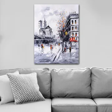 Lerretsbilde 70x100 cm - Livlig bybilde med folk som går foran en kirke og bygninger i et høstlig miljø - Grå / Oransje / Svart - Interiør - Maleri & posters - Lerretsbilder