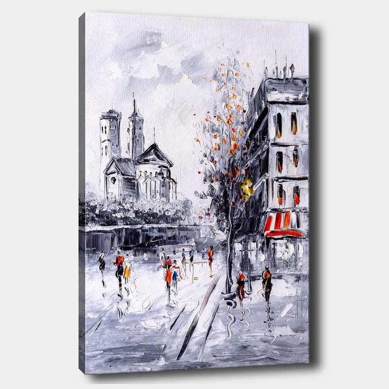 Lerretsbilde 70x100 cm - Livlig bybilde med folk som går foran en kirke og bygninger i et høstlig miljø, Grå / Oransje / Svart