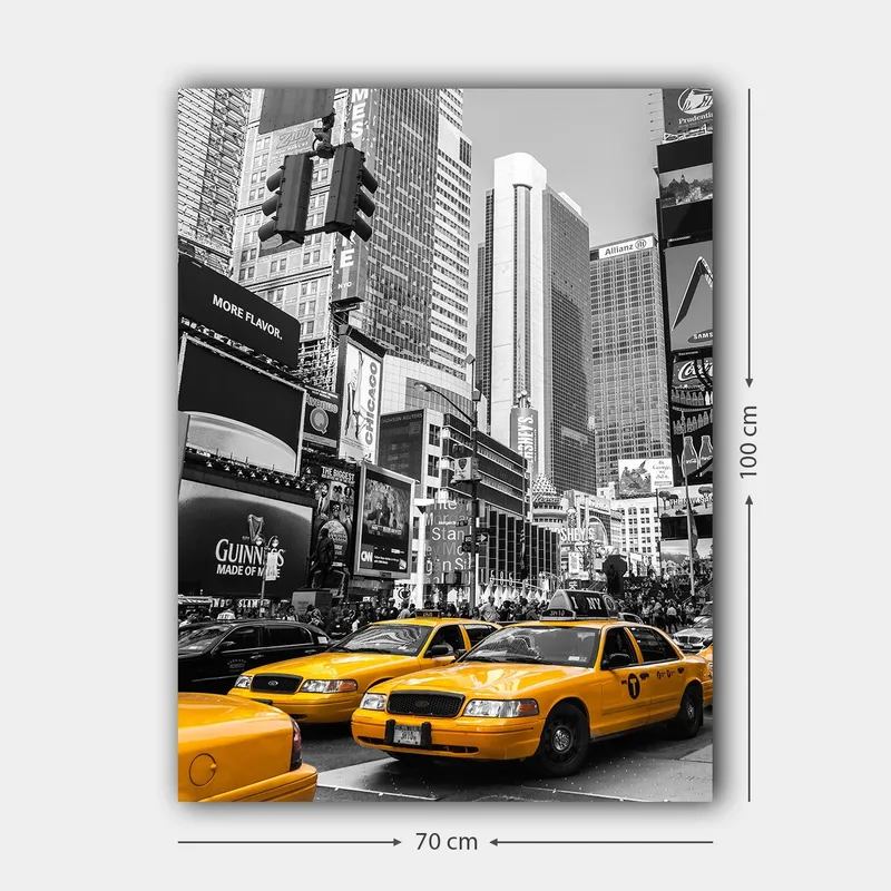 Lerretsbilde 70x100 cm - Livlig bybilde med gule drosjer som dominerer gaten i et urbant miljø - Gul / Svart - Interiør - Maleri & posters - Lerretsbilder