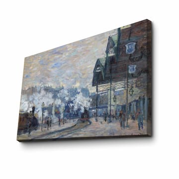 Lerretsbilde 70x100 cm - Livlig bybilde med mennesker og bygninger i vintermiljø - Blå / Grå / Hvit - Interiør - Maleri & posters - Lerretsbilder