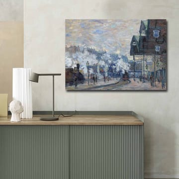 Lerretsbilde 70x100 cm - Livlig bybilde med mennesker og bygninger i vintermiljø - Blå / Grå / Hvit - Interiør - Maleri & posters - Lerretsbilder