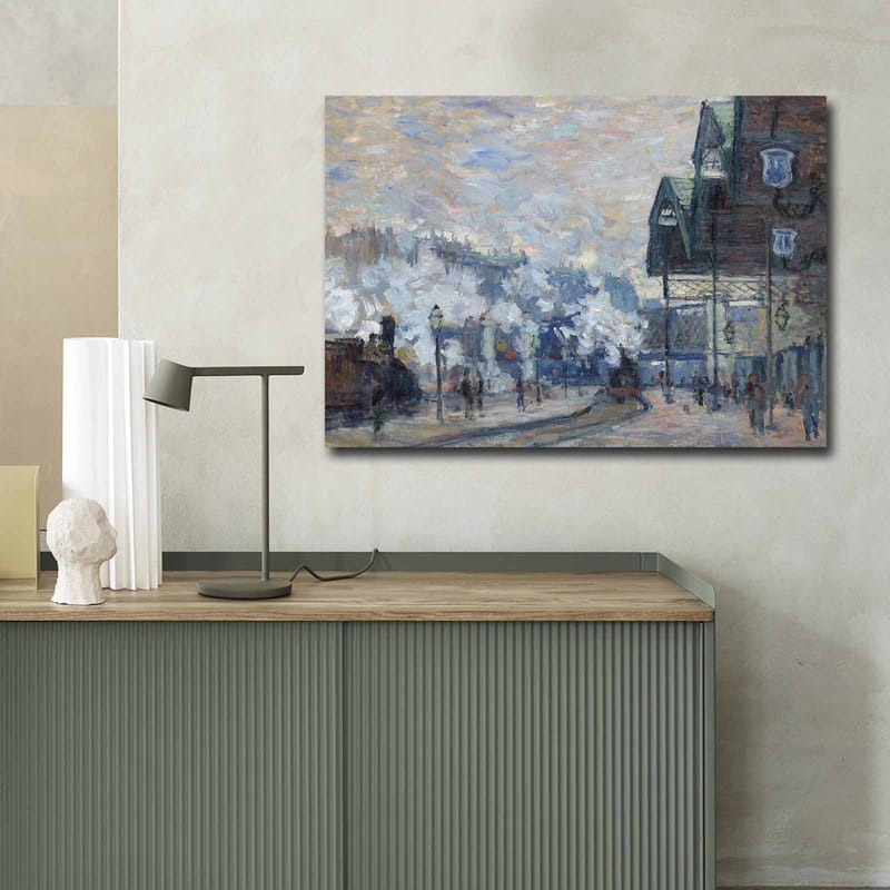 Lerretsbilde 70x100 cm - Livlig bybilde med mennesker og bygninger i vintermiljø - Blå / Grå / Hvit - Interiør - Maleri & posters - Lerretsbilder