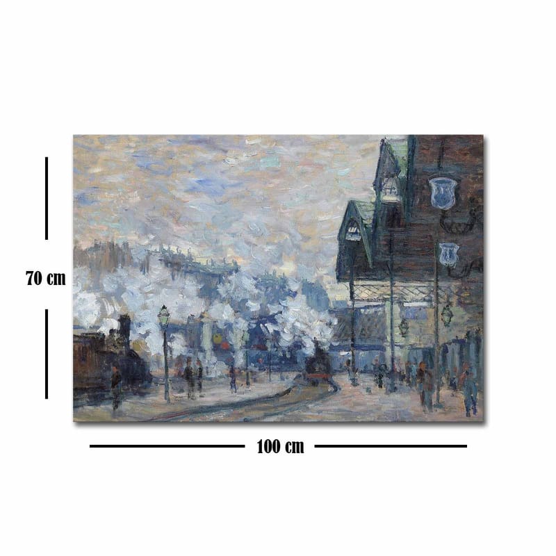 Lerretsbilde 70x100 cm - Livlig bybilde med mennesker og bygninger i vintermiljø - Blå / Grå / Hvit - Interiør - Maleri & posters - Lerretsbilder