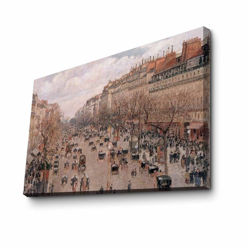 Lerretsbilde 70x100 cm - Livlig bybilde med mennesker og hestevogner på en gate omgitt av trær og bygninger - Lys rosa / Beige / Mørk grønn - Interiør - Maleri & posters - Lerretsbilder