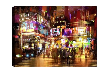 Lerretsbilde 70x100 cm - Livlig bybilde med mennesker som beveger seg blant fargerike neonskilt og lys - Lilla / Gul / Grønn - Interiør - Maleri & posters - Lerretsbilder