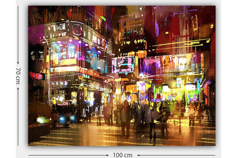 Lerretsbilde 70x100 cm - Livlig bybilde med mennesker som beveger seg blant fargerike neonskilt og lys - Lilla / Gul / Grønn - Interiør - Maleri & posters - Lerretsbilder