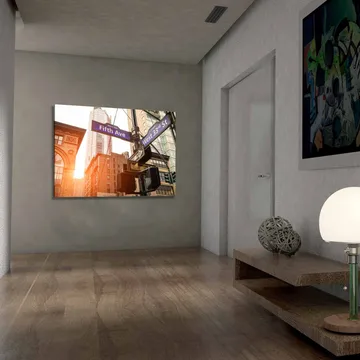 Lerretsbilde 70x100 cm - Livlig bybilde med veiskilt i et kryss i en storby - Blå / Brun / Grønn - Interiør - Maleri & posters - Lerretsbilder