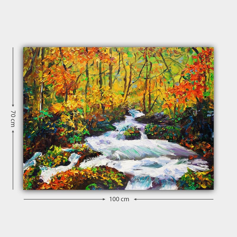 Lerretsbilde 70x100 cm - Livlig elv som renner gjennom et fargerikt høstskoglandskap - Oransje / Grønn / Hvit - Interiør - Maleri & posters - Lerretsbilder