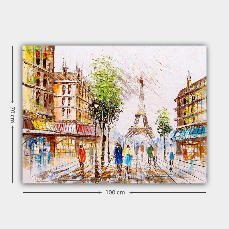 Lerretsbilde 70x100 cm - Livlig gate i Paris med Eiffeltårnet i bakgrunnen og folk som går - Grønn / Blå / Oransje - Interiør - Maleri & posters - Lerretsbilder