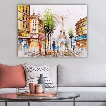 Lerretsbilde 70x100 cm - Livlig gate i Paris med Eiffeltårnet i bakgrunnen og folk som går - Grønn / Blå / Oransje - Interiør - Maleri & posters - Lerretsbilder