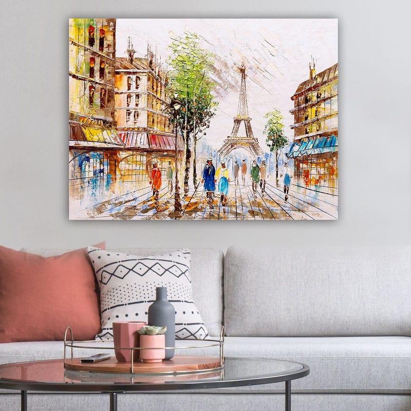 Lerretsbilde 70x100 cm - Livlig gate i Paris med Eiffeltårnet i bakgrunnen og folk som går - Grønn / Blå / Oransje - Interiør - Maleri & posters - Lerretsbilder