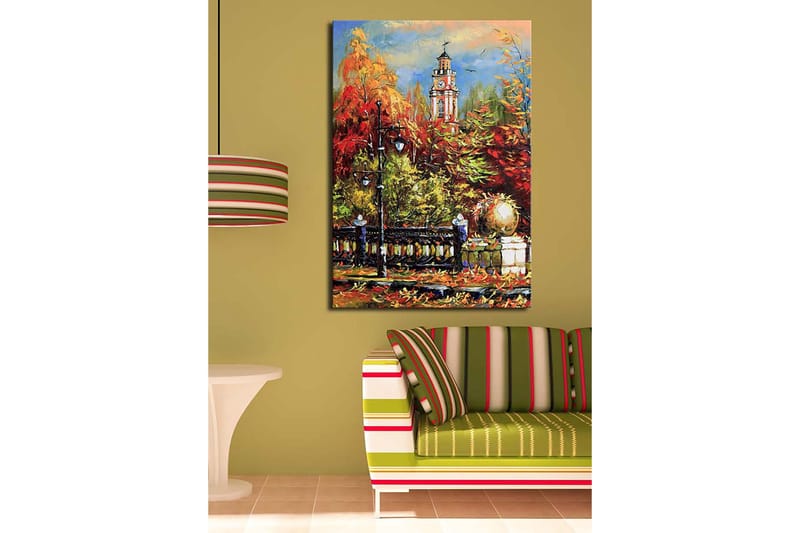 Lerretsbilde 70x100 cm - Livlig høstscene med et klokketårn i bakgrunnen omgitt av fargerike trær og lys - Rød / Oransje / Grønn - Interiør - Maleri & posters - Lerretsbilder