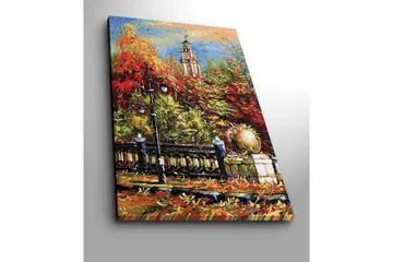 Lerretsbilde 70x100 cm - Livlig høstscene med et klokketårn i bakgrunnen omgitt av fargerike trær og lys - Rød / Oransje / Grønn - Interiør - Maleri & posters - Lerretsbilder