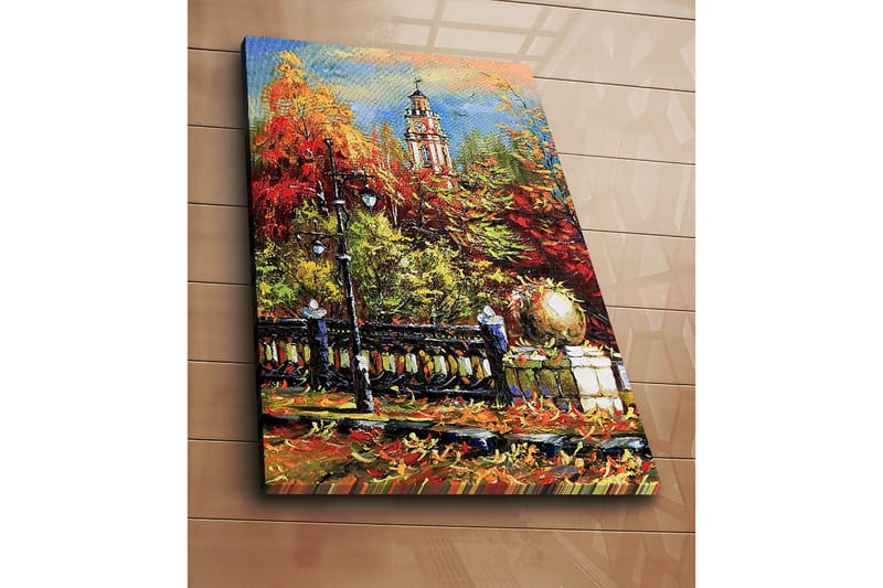 Lerretsbilde 70x100 cm - Livlig høstscene med et klokketårn i bakgrunnen omgitt av fargerike trær og lys - Rød / Oransje / Grønn - Interiør - Maleri & posters - Lerretsbilder