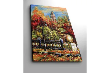 Lerretsbilde 70x100 cm - Livlig høstscene med et klokketårn i bakgrunnen omgitt av fargerike trær og lys - Rød / Oransje / Grønn - Interiør - Maleri & posters - Lerretsbilder