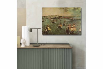 Lerretsbilde 70x100 cm - Livlig innsjø med flere seilbåter som navigerer gjennom vannet - Grønn / Brun / Beige - Interiør - Maleri & posters - Lerretsbilder