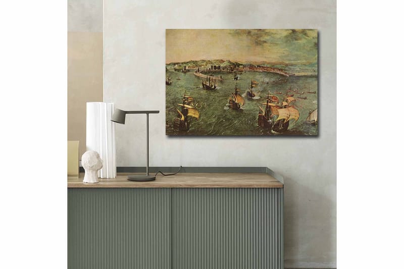 Lerretsbilde 70x100 cm - Livlig innsjø med flere seilbåter som navigerer gjennom vannet - Grønn / Brun / Beige - Interiør - Maleri & posters - Lerretsbilder