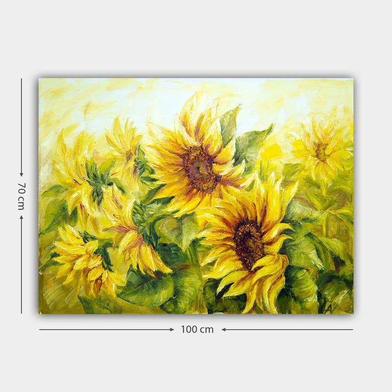 Lerretsbilde 70x100 cm - Livlig maleri av solsikker i forskjellige nyanser av gult og grønt - Gul / Grønn / Brun - Interiør - Maleri & posters - Lerretsbilder