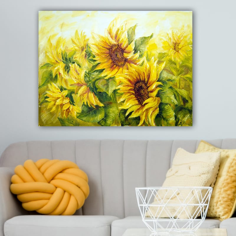 Lerretsbilde 70x100 cm - Livlig maleri av solsikker i forskjellige nyanser av gult og grønt - Gul / Grønn / Brun - Interiør - Maleri & posters - Lerretsbilder