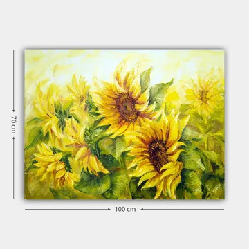 Lerretsbilde 70x100 cm - Livlig maleri av solsikker i forskjellige nyanser av gult og grønt - Gul / Grønn / Brun - Interiør - Maleri & posters - Lerretsbilder