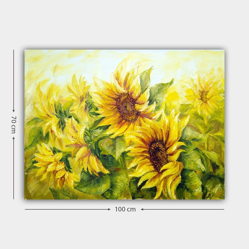 Lerretsbilde 70x100 cm - Livlig maleri av solsikker i forskjellige nyanser av gult og grønt - Gul / Grønn / Brun - Interiør - Maleri & posters - Lerretsbilder