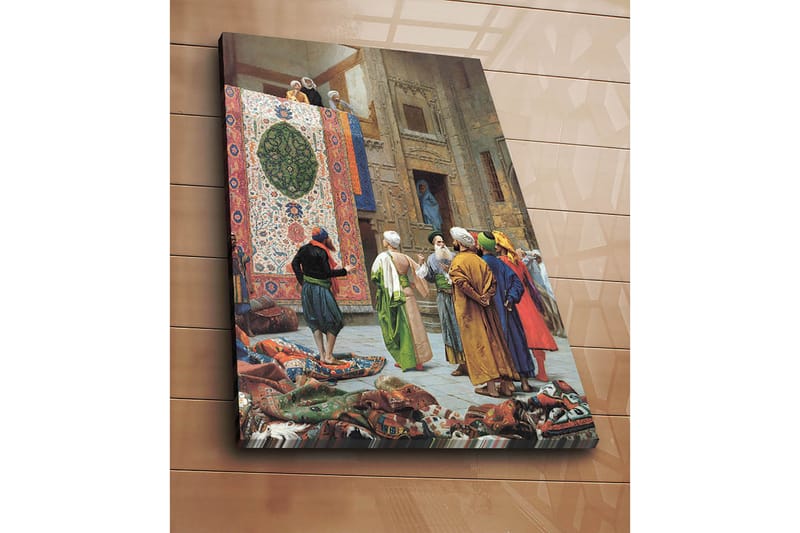 Lerretsbilde 70x100 cm - Livlig markedsscene med menn som diskuterer og beundrer et stort, fargerikt teppe - Rød / Grønn / Blå - Interiør - Maleri & posters - Lerretsbilder