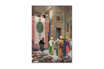 Lerretsbilde 70x100 cm - Livlig markedsscene med menn som diskuterer og beundrer et stort, fargerikt teppe - Rød / Grønn / Blå - Interiør - Maleri & posters - Lerretsbilder