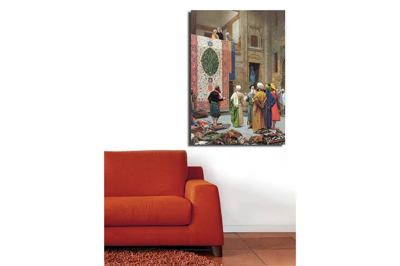 Lerretsbilde 70x100 cm - Livlig markedsscene med menn som diskuterer og beundrer et stort, fargerikt teppe - Rød / Grønn / Blå - Interiør - Maleri & posters - Lerretsbilder