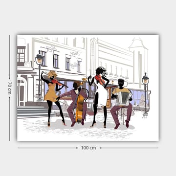 Lerretsbilde 70x100 cm - Livlig musikkgruppe som spiller på en gate, med fokus på fire musikere og instrumentene deres - Svart / Rød / Beige - Interiør - Maleri & posters - Lerretsbilder